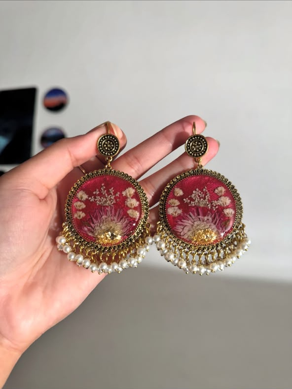 Red Floral Round Jhumkay