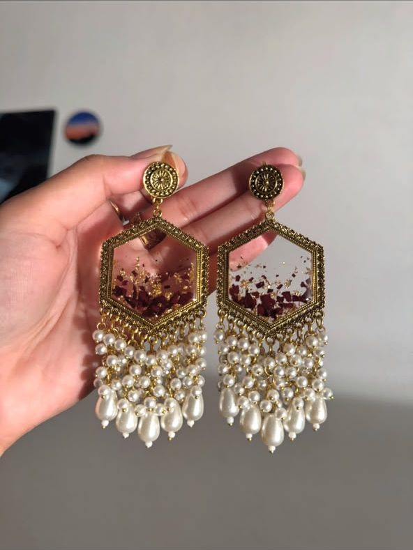 Hexagon Red Floral Pearl Jhumkay