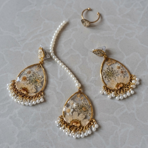 Teardrop Jhumkay Set with Pearl Tikka & Ring