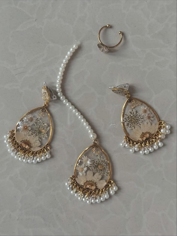 Teardrop Jhumkay Set with Pearl Tikka & Ring