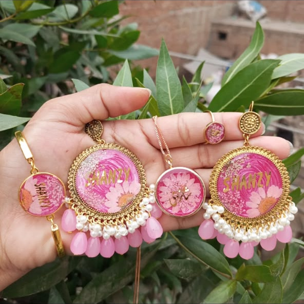 Pink Floral Jhumkay Set
