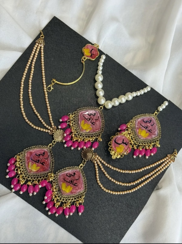 Pink Calligraphy Jhumkay with Matha Patti Set