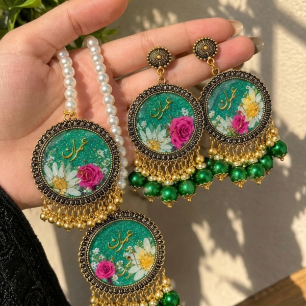 Green Floral Calligraphy Jhumkay Set