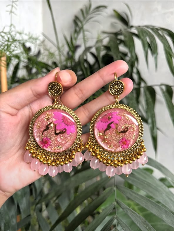 Pink Calligraphy Round Jhumkay with Pink Beads