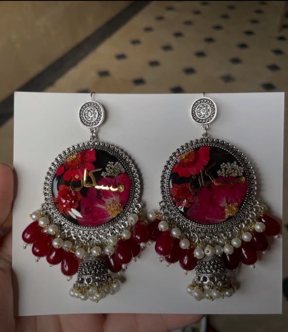 Silver Red Floral Round Jhumkay with Ruby Drops
