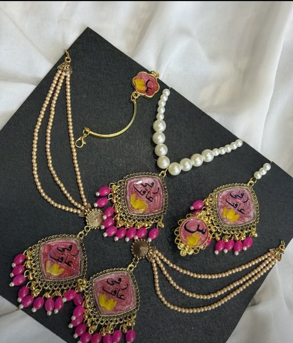 Magenta Floral Bridal Jhumkay Set with Pearl Mala